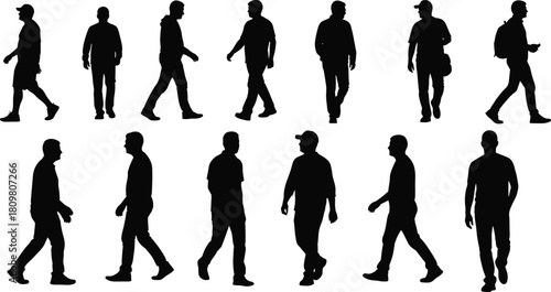 Set of walking men silhouettes, casual male figures moving forward, pedestrians side view, active people vector illustration collection, isolated