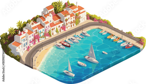 Isometric 3D seaside resort illustration with modern villas, palm trees, beach umbrellas, luxury yachts, and turquoise ocean water for vacation design