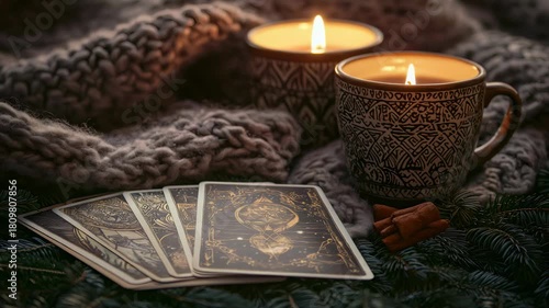 Tarot cards fanned out on a cozy blanket with two lit candles, creating a warm atmosphere for psychic readings and fortune telling