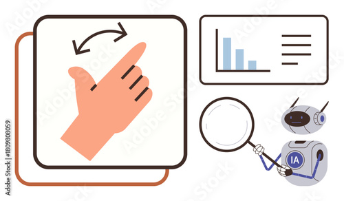 Robot with magnifying glass examining data charts, alongside hand gesture for swipe action. Ideal for AI, technology, data analysis, UX design, innovation, automation, and digital interaction