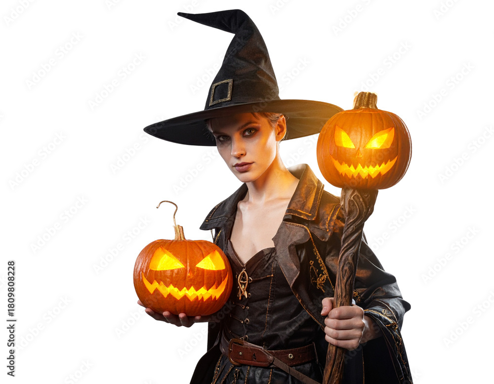 Fototapeta premium Untitled design - Jack-o’-Lantern Wizard Theme With Magic Staff, Dramatic Angle, PNG Cut-Out (3)