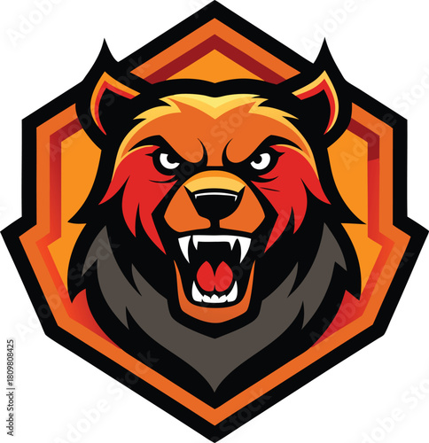 Aggressive grizzly bear head emblem with fierce expression isolated on white background