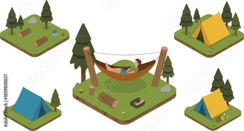 Isometric camping illustration with man relaxing in hammock between trees, surrounded by tents, logs, and forest nature landscape design