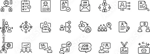 Set of black outline vector icons about human resources, recruitment, job search, career growth, and business management on transparent background