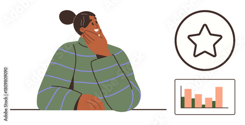 Person resting chin on hand reflects thoughtfully. Charts symbolize progress, growth, data, while star conveys goal setting and success. Ideal for analytics, planning, decision-making, evaluation