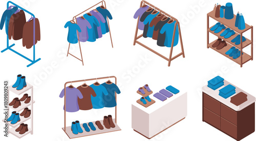 Isometric clothing store interior with hanging shirts, folded garments, shoes, display racks, and retail fashion shop furniture illustration for design