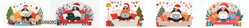 woman relaxing with laptop on sofa during winter