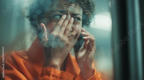 Crying African American female inmate seen through a glass partition
