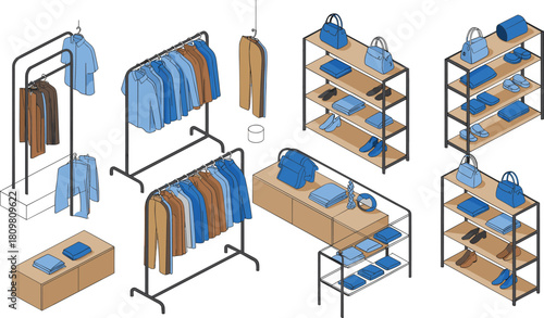 Isometric clothing store interior with hanging shirts, folded garments, shoes, display racks, and retail fashion shop furniture illustration for design