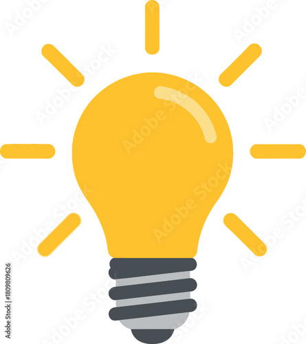 Glowing yellow light bulb icon on a white background symbolizing ideas, invention, and creativity.