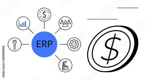 ERP hub surrounded by icons for analytics, finance, tools, HR, production, and supply chain. Dollar sign representing growth. Ideal for business management, finance integration strategy