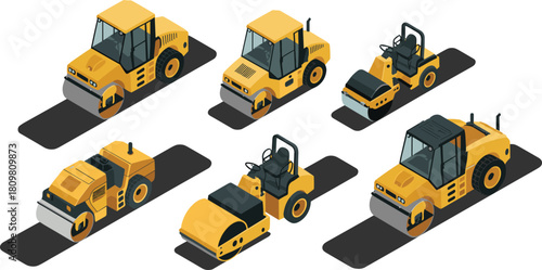 isometric construction vehicles illustration showing different yellow road rollers working on asphalt surface, heavy equipment machinery concept for road building industry