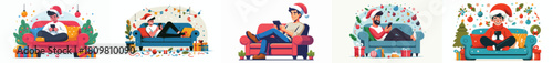man relaxing with gadget on sofa during winter