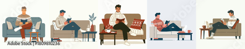 man relaxing reading a book on a winter sofa