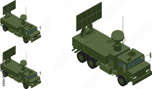 Isometric digital illustration of military radar trucks with communication antennas and surveillance equipment for defense and technology concept design