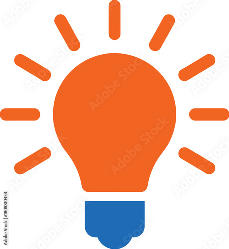 Glowing orange lightbulb icon with blue base symbolizing new ideas, creativity, innovation and inspiration