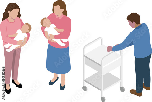 vIsometric family illustration showing parents and caregivers holding babies, childcare and parenting concept for nursery, home care, and family support