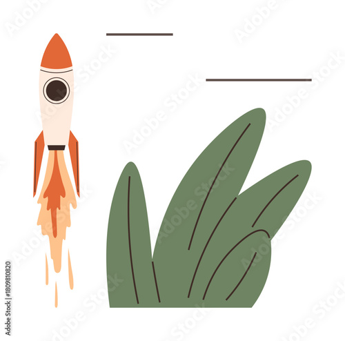 Rocket launching beside abstract leaves, symbolizing innovation, growth, and environmental sustainability. Ideal for success, startup, eco-friendly ideas, exploration, progress ambition simple flat