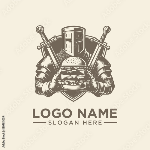 Vector logo illustration of a knight holding a burger, shield design, for restaurant business