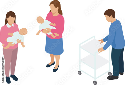 vIsometric family illustration showing parents and caregivers holding babies, childcare and parenting concept for nursery, home care, and family support