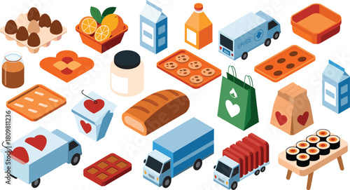Isometric food and delivery icons set, sushi, bread, cookies, chocolate, milk carton, grocery bag, transport truck, heart box illustration