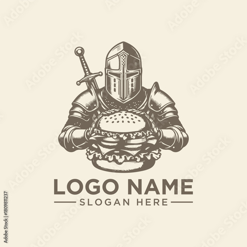 Knight holding a burger vector logo for a food brand