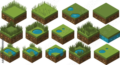 Isometric grass terrain blocks with soil, water ponds, and plants, natural landscape tile set, 3D environment design for games