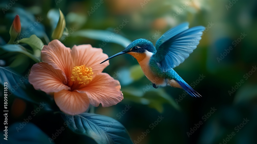 Obraz premium Hummingbird hovering near blooming hibiscus flower in lush greenery
