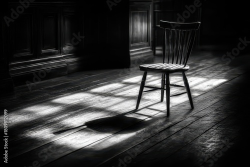 An empty chair positioned in a silent courtroom, strong light casting elongated shadows, embodying the theme of waiting for justice in monochrome tones