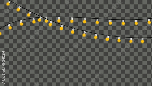 String of yellow glowing light bulbs on a transparent background