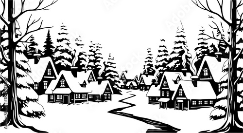 A monochrome illustration of snow covered houses and trees in a winter village landscape scene art
