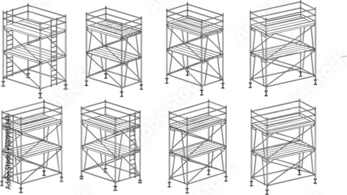 Isometric Scaffolding Towers Vector Set, Construction Platform Framework, Portable Access Structure, Worksite Safety Equipment, Industrial Engineering Architecture Line Drawing.