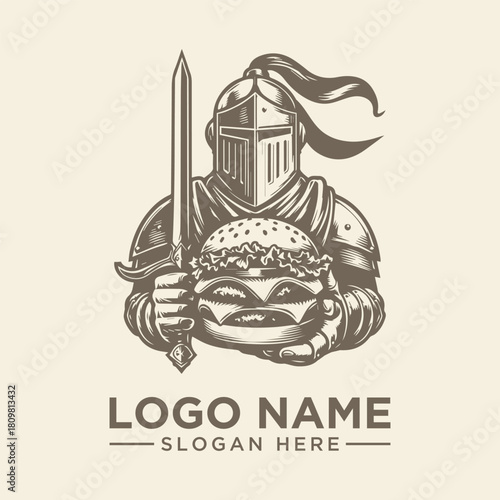 Classic medieval knight mascot with a sword and burger, vintage fast food restaurant vector logo design illustration
