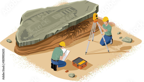 Isometric illustration of archaeologists excavating fossils and using survey equipment at dig site for scientific research and historical discovery