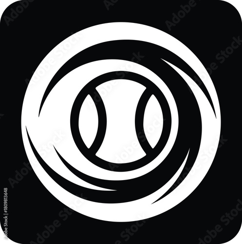 Black and white baseball logo with a ball and swirling lines, isolated on white background