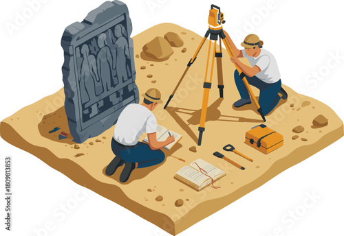 Isometric illustration of archaeologists excavating fossils and using survey equipment at dig site for scientific research and historical discovery