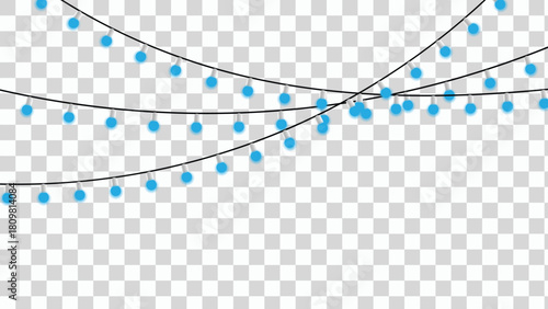 String of blue string lights hanging on transparent background