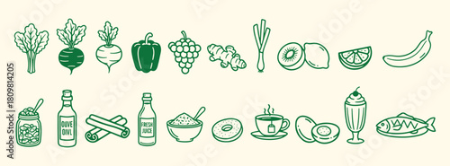 pixel art Healthy Food. Green. Icon Set. A modern green vector line art collection of fruits, vegetables, and drinks for a vegan restaurant menu, a nutrition blog, or an organic market branding.