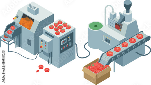 Isometric illustration of automated food production factory, industrial conveyor belt, vegetable slicing, tomato processing, modern food manufacturing machinery system