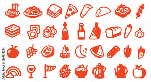 pixel art food. 8-Bit Icon Set. Orange. A bold orange vector collection of various food items like pasta, pizza, and vegetables for a grocery store flyer, a cooking app, restaurant branding element.