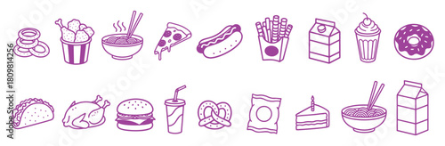 Fast Food. 8-Bit Icon Set. Purple. A modern purple vector line art collection of various junk food items like pizza and burgers for a restaurant menu, a food delivery app, or a snack bar logo.