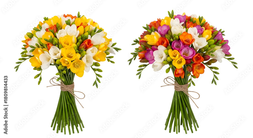 Obraz premium Two vibrant bouquets of freesia flowers in yellow white orange and pink tied with twine isolated on a transparent background
