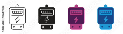 Electricity meter icon set with plug and display. Vector isolated illustration.