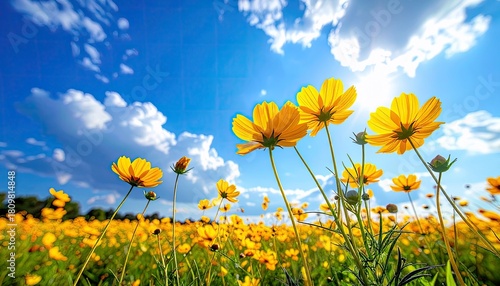 Fototapeta Naklejka Na Ścianę i Meble -  A field of yellow cosmos flowers in full bloom under a bright blue sky with scattered white clouds and the sun shining.