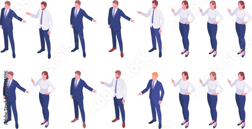 Isometric illustration of business people in argument and discussion poses showing disagreement, leadership communication and teamwork conflict in workplace
