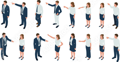 Isometric illustration of business people in argument and discussion poses showing disagreement, leadership communication and teamwork conflict in workplace