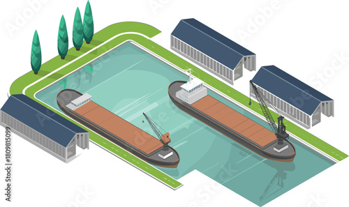 Isometric illustration of cargo port with ships, cranes, warehouses, and dockside facilities, concept of maritime transport, shipping, and logistics