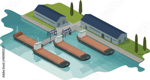 Isometric illustration of cargo port with ships, cranes, warehouses, and dockside facilities, concept of maritime transport, shipping, and logistics