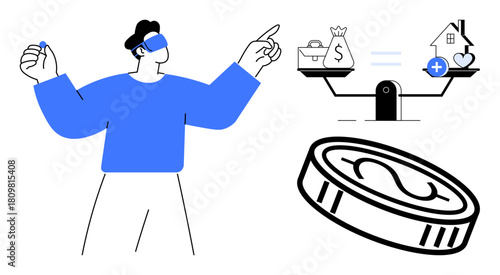 Financial decision-making concept. Balancing money and priorities featured with scales, coin, and man in virtual setting. Financial planning for wealth, fintech, budgeting. Great for economics