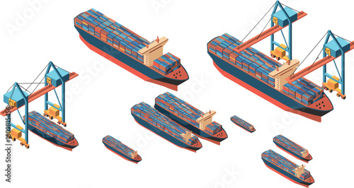 Isometric illustration of cargo ships and container port with cranes, shipping logistics, maritime transport, and global freight transportation concept